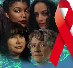 collage of women's faces with the red hope ribbon